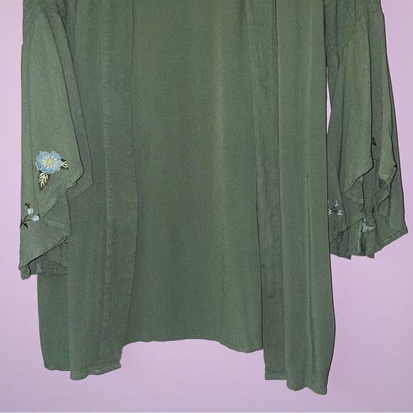 Blue Rain Cardigan L Gauzy Green Bell Sleeve Embroidered Open Front - Picture 10 of 10